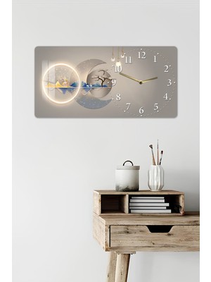 KutuTR 3D Görünümlü Temperli Cam Saat Tablo –dağ ve Ay Temalı Uv Baskı (Işıklı Değil) 60X30 cm - YSG002