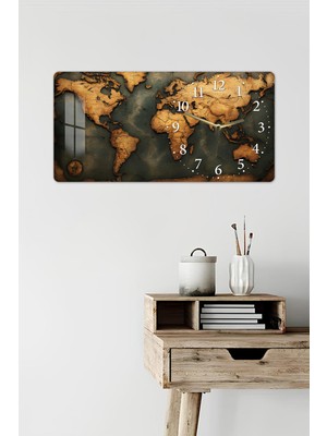 KutuTR 3D Görünümlü 2d Uv Baskı Yatay Temperli Cam Saat Tablo – Vintage Dünya Haritası – 60X30 CM-YSG034