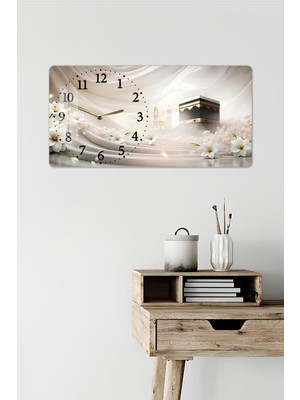 KutuTR 3D Görünümlü 2d Uv Baskı Yatay Temperli Cam Saat Tablo – Kâbe ve Beyaz Çiçekler – 60X30 CM-YSL018