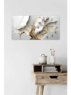 KutuTR 3D Görünümlü 2d Uv Baskı Yatay Temperli Cam Saat Tablo–kintsugi Desenli Çatlak Form 60X30 CM-YSG035