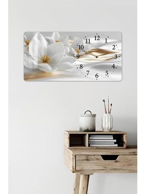 KutuTR 3D Görünümlü 2d Uv Baskı Yatay Temperli Cam Saat Tablo – Beyaz Çiçek Desenli – 60X30 CM-YSG041