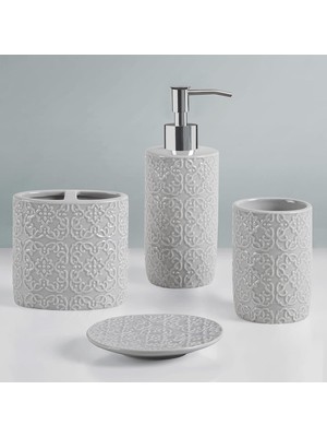 Storemax Stewart Seramik Aksesuar Seti, Makyaj Dekoru Depolama Düzenleyici, Kabartmalı Damask Madalyonu, Losyon/sabunluk, Diş Fırçası Tutacağı,, Biblo Tabağı, Çeşitli Boyutlarda Gri