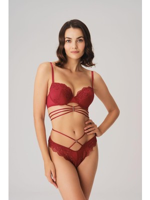 Balenli Destekli Dolgulu Göbek Detaylı Dantelli Sütyen ve String Takım