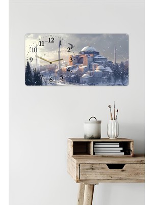 KutuTR 3D Görünümlü 2d Uv Baskı Temperli Cam Saat Tablo – Kış Manzaralı Ayasofya Tasarımı – 60X30CM -YSL004
