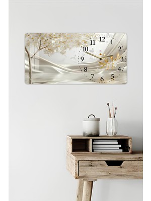 KutuTR 3D Görünümlü Temperli Cam Saat Tablo – Beyaz Çiçek ve Dalga Deseni – Uv Baskı 60X30 cm - YSG012