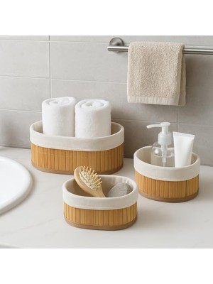 Storemax 3’lü Bambu Sepet Seti – Pamuklu Astarı Çıkarılabilir, Çok Amaçlı Düzenleyici ve Dekoratif Saklama Sepeti, Mutfak, Banyo ve Salon Kullanımı