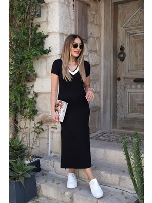 Mossta V Yaka Yandan Şeritli Elbise Siyah