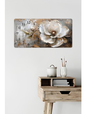 KutuTR 3D Görünümlü 2d Uv Baskı Yatay Temperli Cam Saat Tablo – Beyaz Çiçek Desenlir – 60X30 CM-YSL033