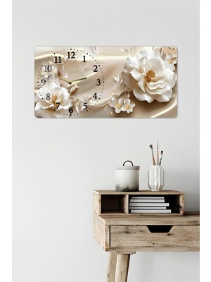 KutuTR 3D Görünümlü 2d Uv Baskı Yatay Temperli Cam Saat Tablo – Çiçek Desenli Zarif Beyaz – 60X30 CM-YSL020