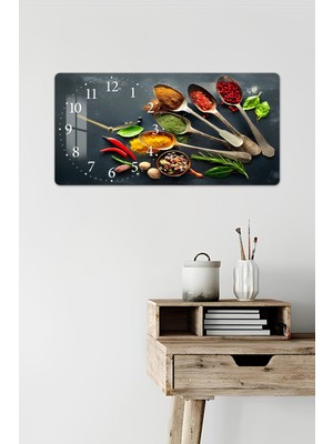 KutuTR 3D Görünümlü 2d Uv Baskı Yatay Temperli Cam Saat Tablo –baharat ve Mutfak Teması – 60X30 cm -YSL014