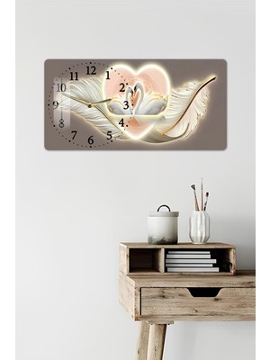 KutuTR 3D Görünümlü 2d Uv Baskı Yatay Temperli Cam Saat Tablo–kuğu ve Kalp (Işıklı Değildir) 60X30CM-YSL021