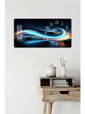 KutuTR 3D Görünümlü 2d Uv Baskı Yatay Temperli Cam Saat Tablo – Mavi Işık Dalga Efekti – 60X30 CM-YSG036