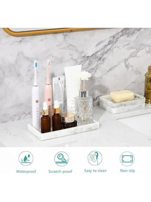 Storemax Tepsiler, 20X10CM Silikon Tezgah Tepsisi, Mutfak Lavabo Sabunluklu, Bulaşık Tutuculu Tezgah Üstü Tuvalet Tankı Masa Düzenleyici Mermer Desenli, Beyaz