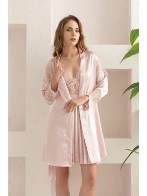 Nightlove Lady Lingerie Pudra Pembesi Saten Sabahlıklı Gecelik Takım