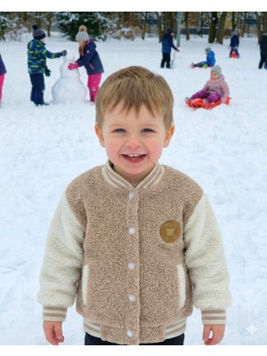 Asliva Fashion Asliva Unisex Çocuk Bej Krem Peluş Kolej Montu, Sıcak Tutan Çıtçıtlı Kışlık Ceket (2-3-4 Yaş)