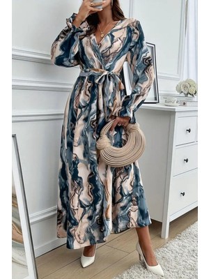 Mossta Kruvaze Yaka Kuşaklı Desenli Süprem Elbise - Desenli