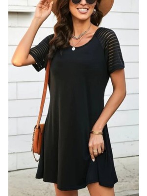 Mossta Çizgili File Kol Detaylı Yuvarlak Yaka Viskon Elbise - Siyah