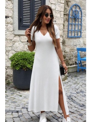 Mossta V Yaka Yırtmaç Detaylı Kısa Kollu Maxi Elbise - Beyaz