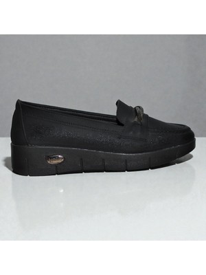 Kadın Ortopedik Kalın Taban Loafer – Parlak Tokalı, Kaymaz ve Hafif Günlük Ayakkabı (Siyah)