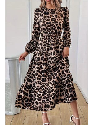 Mossta Bisiklet Yaka Leopar Desenli Midi Süprem Elbise - Leopar