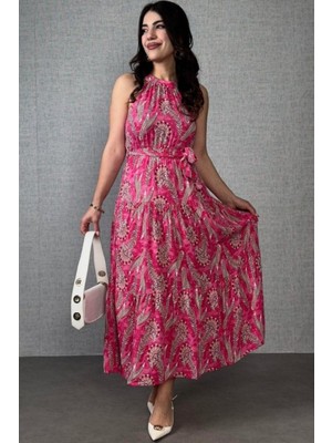 Mossta Bel Bağlamalı  Desenli Kolsuz Uzun Elbise - Pembe