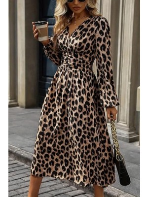 Mossta Kruvaze Yaka Bel Oturtmalı Midi Modal Elbise - Leopar