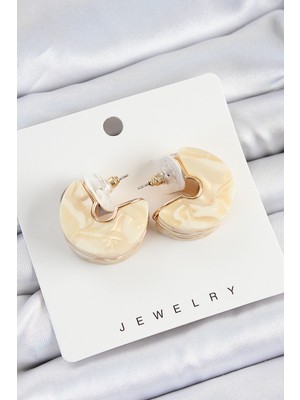 Pirinç Mermer Desenli Vintage Yarım Halka Model Gold Renk Kadın Küpe