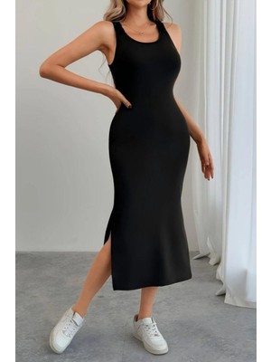 Mossta Sırt Detaylı Yırtmaçlı Midi Viskon Elbise - Siyah