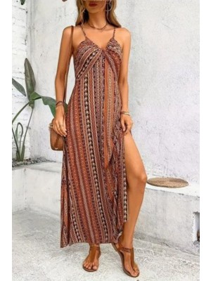 Mossta Ince Askılı Sırttan Çapraz Detaylı Yırtmaçlı Süprem Elbise - Kahve