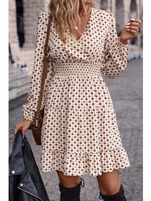 Mossta Kruvaze Yaka Desenli Kısa Modal Elbise - Bej