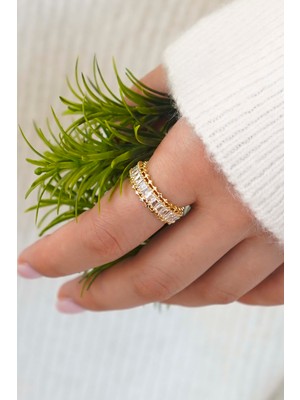 Trend Collection Işıltılı Baget Taşlı Vip Yüzük – Gold Ayarlanabilir Kadın Yüzük