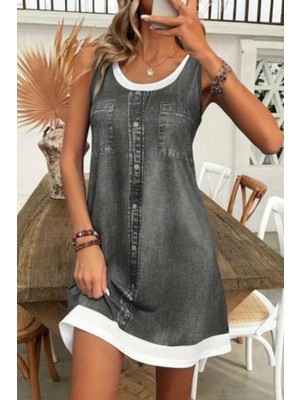 Mossta Kolsuz Kot Görünümlü Mini Süprem Elbise - Gri