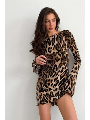 Mossta Dalgıç Kumaş Leopar Desenli Sırt Dekolteli Mini Elbise - Leopar