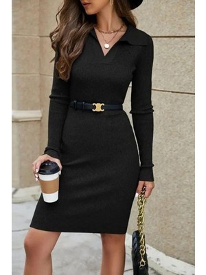 Mossta Polo Yaka Mini Kaşkorse Elbise (Kemersiz) - Siyah