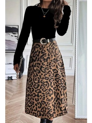 Mossta Bisiklet Yaka Midi Modal Elbise - Siyah