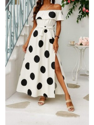 Mossta Madonna Yaka Yırtmaç Detaylı Uzun Elbise - Puantiyeli