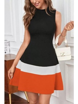 Mossta Kolsuz Balıkçı Yaka Şerit Detaylı Krep Elbise - Turuncu