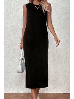 Mossta Kolsuz Basic Midi Viskon Elbise -Siyah