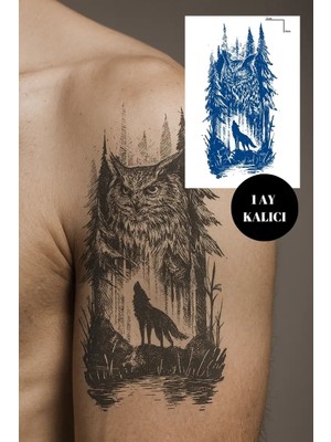Tattoo 1 Ay Kalıcı Gerçekci Baykuş ve Kurt 12 Saat Sonra Kararan Yapıştırma Geçici Dövme