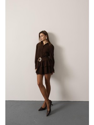 Cemo Önü Düğmeli ve Bel Kemerli Kısa Elbise (Gömlek Tarzı)