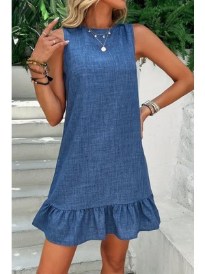 Mossta Bisiklet Yaka Fırfırlı Keten Elbise Mavi