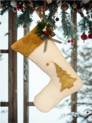 Empressco Yılbaşı Şömine Çorabı, Ağaç Figürlü Welsoft Süs, Krem Renk