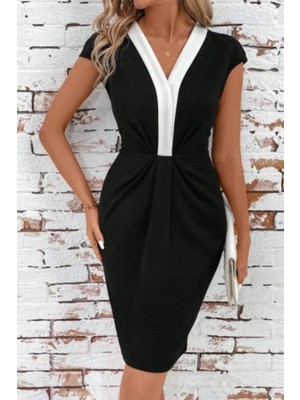 Mossta V Yaka Renk Bloklu Büzgülü  Elbise - Siyah