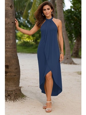 Mossta Halter Yaka Asimetrik Kesim Viskon Elbise - Indigo