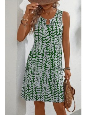 Mossta Kolsuz Halka Detaylı Desenli Bürümcük Elbise - Yeşil