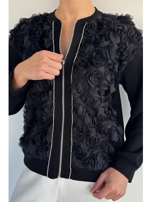 Gülseli Kadın Ön Fermuarlı Gül Figürlü Taşlı Ceket P-00019297