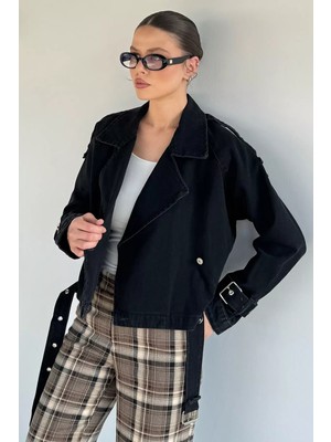 Gülseli Kadın Kruvaze Yaka Kemer Detaylı Jean Kot Ceket P-00019427