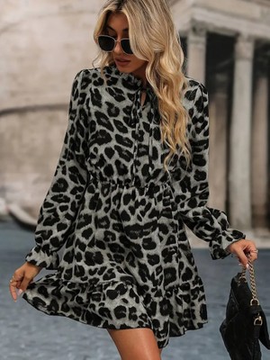 Pusula Sepeti Kadın Uzun Kollu Yakadan Bağlamalı Beli Lastikli Şardonlu Dalgıç Elbise