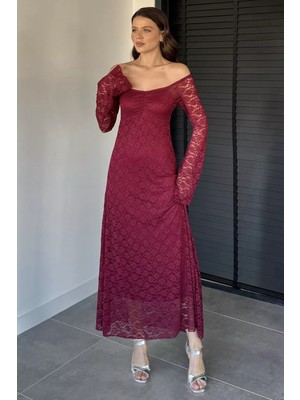 Gülseli Dantel Detaylı Ispanyol Kol Uzun Elbise P-00019340