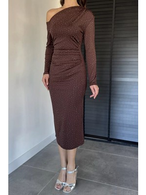 Gülseli Tek Omuz Detaylı Taşlı Elbise P-00019348